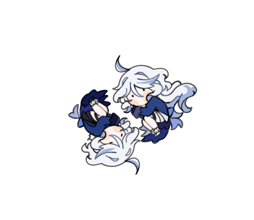 2girls, ahoge, blue_jacket, chibi, commentary_request, furina_(genshin_impact), genshin_impact, highres