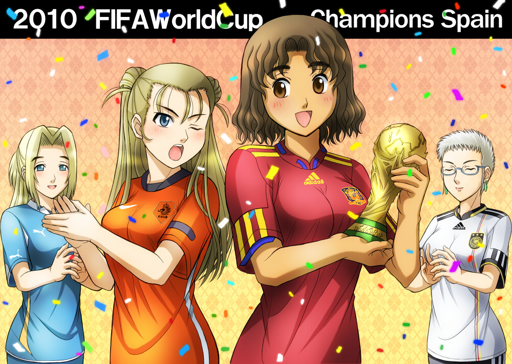 4girls, addidas, adidas, blonde_hair, blue_eyes, breasts, brown_eyes, brown_hair