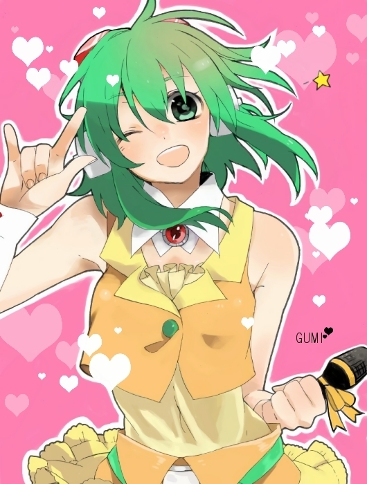 \m/, bare_shoulders, goggles, goggles_on_head, green_eyes, green_hair, gumi, heart