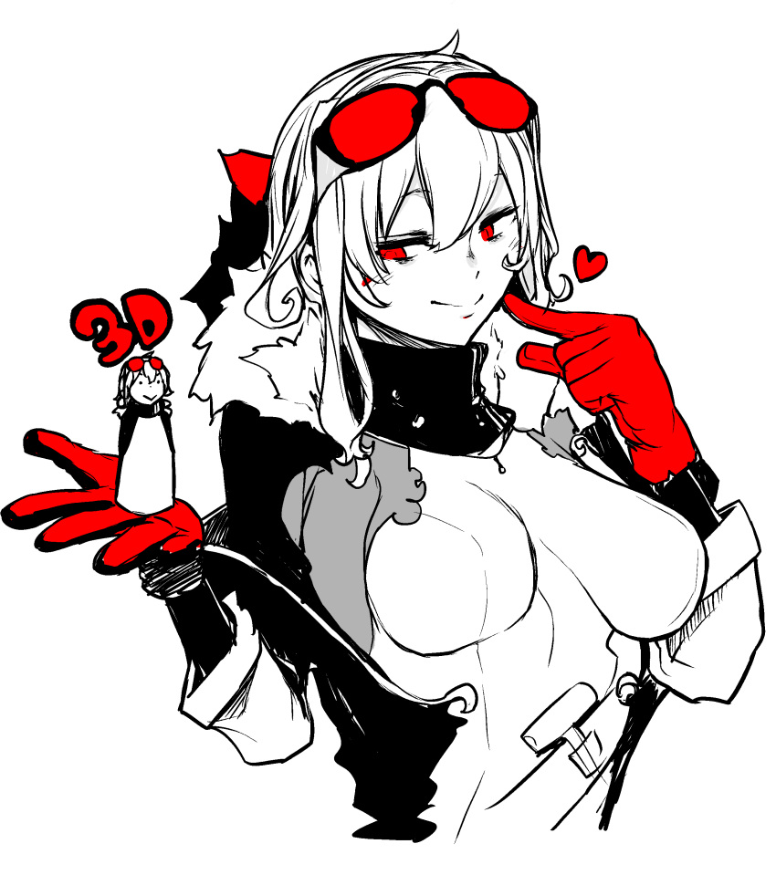 1girl, absurdres, breasts, english_text, eyewear_on_head, fur_collar, gloves, heart