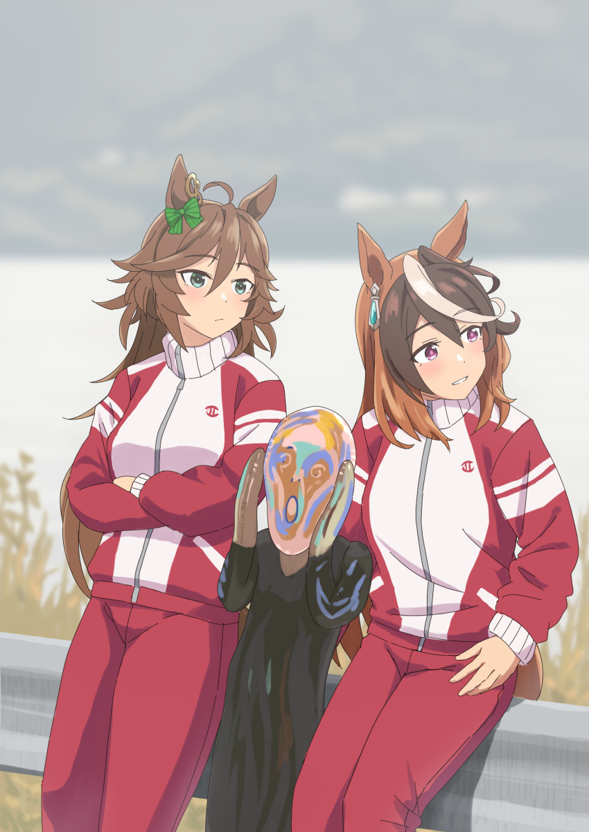 1other, 2girls, :/, ahoge, animal_ears, aqua_eyes, arms_at_sides, blurry