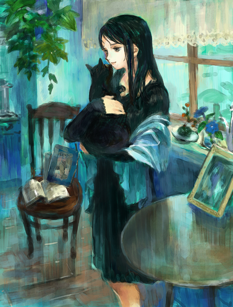black_hair, book, cat, chair, dress, holding, hug, indoors, long_hair, original, oyabin, oyabin_(shikouann), picture, plant, solo, window