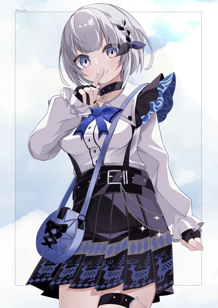 1girl, absurdres, bag, black_choker, blue_eyes, breasts, choker, cowboy_shot, finger_to_mouth, hair_ornament, handbag, highres, hololive, hololive_indonesia, index_finger_raised, kanadeho, long_sleeves, looking_at_viewer, official_alternate_costume, shirt, short_hair, shushing, simple_background, skirt, smile, solo, vestia_zeta, vestia_zeta_(jirai_kei), white_shirt