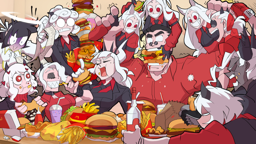 !, 1boy, 6+girls, absurdres, alcohol, angel, animal_ears, azazel_(helltaker), bag, black_gloves, black_hair, black_horns, black_jacket, black_necktie, bottle, breasts, bug, burger, cerberus_(helltaker), chicken_nuggets, choker, collared_shirt, condiment_packet, cup, dark-skinned_female, dark_skin, demon_girl, demon_horns, disposable_cup, dog_ears, dog_girl, drinking_straw, earrings, eating, english_commentary, eyeshadow, fast_food, feeding, fingerless_gloves, fly, food, food_in_mouth, food_on_face, force-feeding, french_fries, glasses, gloves, hair_over_one_eye, hair_ribbon, hairband, halo, heart, heart-shaped_pupils, helltaker, helltaker_(character), highres, holding, holding_bottle, holding_food, horns, incredibly_absurdres, indoors, jacket, jewelry, judgement_(helltaker), justice_(helltaker), long_hair, lucifer_(helltaker), makeup, malina_(helltaker), mcdonald's, medium_hair, modeus_(helltaker), mole, mole_under_eye, multiple_girls, musical_note, necktie, open_mouth, pandemonica_(helltaker), paper_bag, receipt, red_eyes, red_gloves, red_shirt, red_sweater, ribbed_sweater, ribbon, round_eyewear, s4_(user_ggme4322), shaded_face, sharp_teeth, shirt, short_hair, smile, spiked_hairband, spiked_horns, spikes, sunglasses, sweatdrop, sweater, symbol-shaped_pupils, teeth, trembling, triplets, vest, vodka, white_gloves, white_hair, white_horns, white_ribbon, wrapper, zdrada_(helltaker)