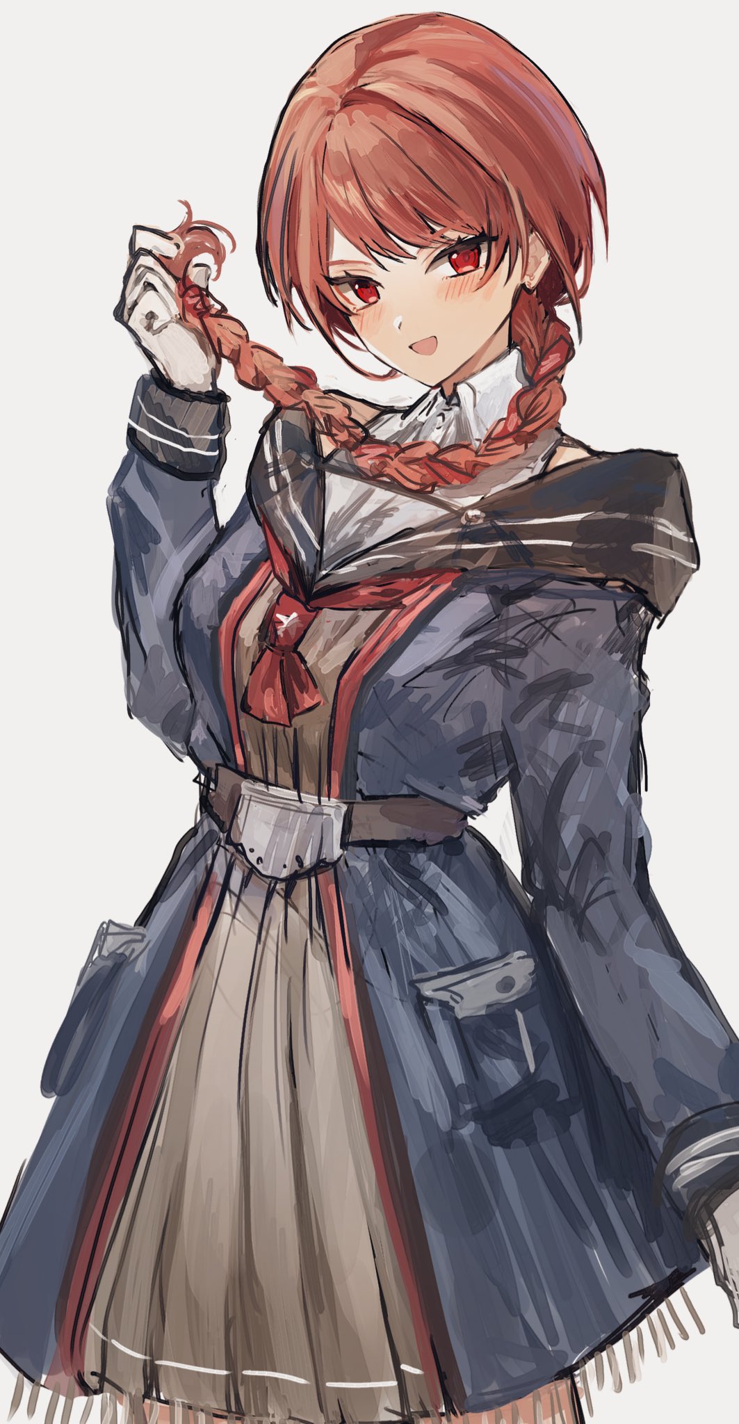 1girl, blue_coat, blush, braid, coat, dress, gloves, grey_background, highres, holding, holding_hair, kantai_collection, long_hair, long_sleeves, looking_at_viewer, nataro_1116, neckerchief, nevada_(kancolle), open_mouth, red_eyes, red_neckerchief, redhead, simple_background, single_braid, solo, white_gloves