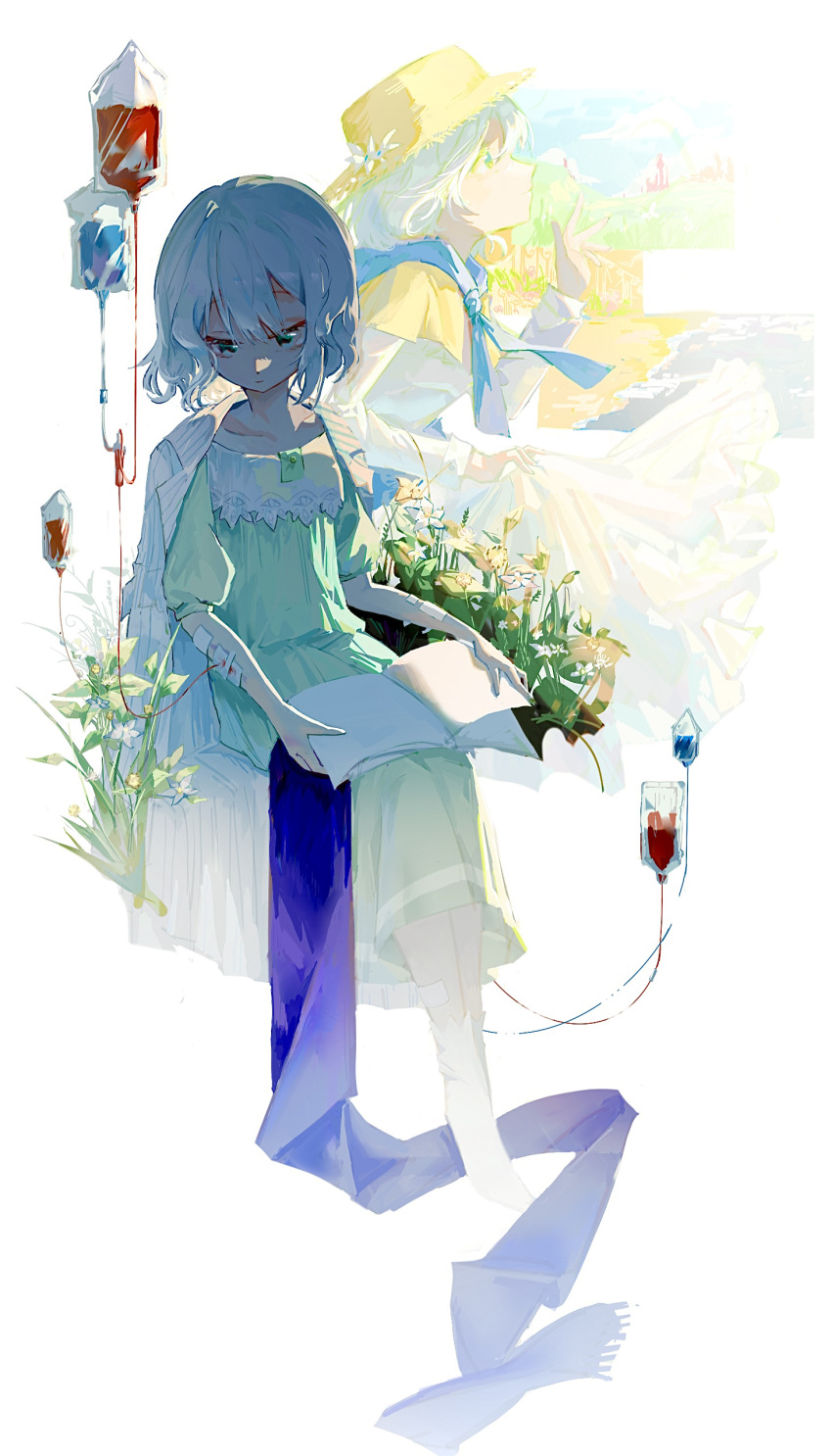 1girl, absurdres, backlighting, blood, blood_bag, blue_neckerchief, blue_scarf, book, book_on_lap, cristallo, dress, flat_chest, flower, full_body, gauze, gauze_on_arm, gauze_on_leg, green_eyes, green_nightgown, hand_up, hat, highres, invisible_chair, long_dress, long_sleeves, looking_down, mrruaaa, multiple_views, neckerchief, open_book, painting_(object), profile, puffy_short_sleeves, puffy_sleeves, reverse:1999, scarf, shirt, shirt_on_shoulders, short_hair, short_sleeves, sitting, socks, straw_hat, striped, striped_shirt, unworn_scarf, vertical-striped_shirt, vertical_stripes, white_background, white_dress, white_hair, white_shirt, white_socks