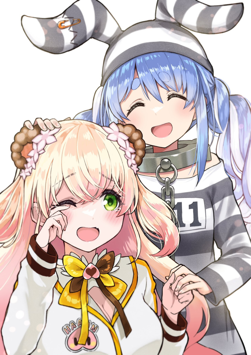 2girls, @-you_(you_2023_8_16), animal_ears, blonde_hair, blue_hair, chain, closed_eyes, collar