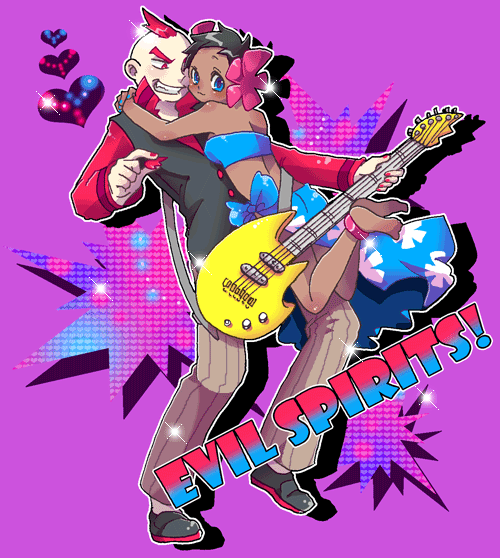 barefoot, blue_eyes, brown_hair, dark_skin, flower, fuyou_(pokemon), guitar, hair_ornament
