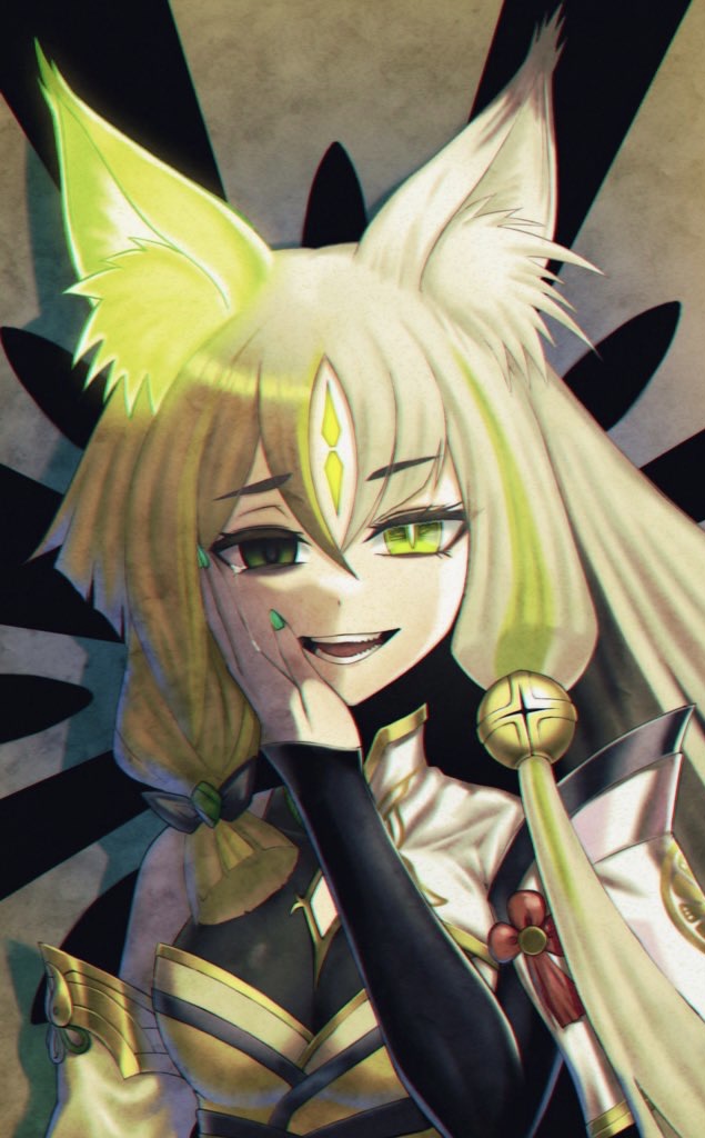 1girl, animal_ear_fluff, animal_ears, arahime_the_manifested_mikanko, bell, breasts, corruption, detached_sleeves, duel_monster, facial_mark, forehead_mark, fox_ears, fox_girl, green_eyes, green_hair, hair_bell, hair_between_eyes, hair_ornament, hand_on_own_face, heterochromia, hu-li_the_jewel_mikanko, long_hair, long_sleeves, multicolored_hair, open_mouth, short_hair_with_long_locks, sidelocks, solo, streaked_hair, wide_sleeves, yu-gi-oh!, zidai_okuraven