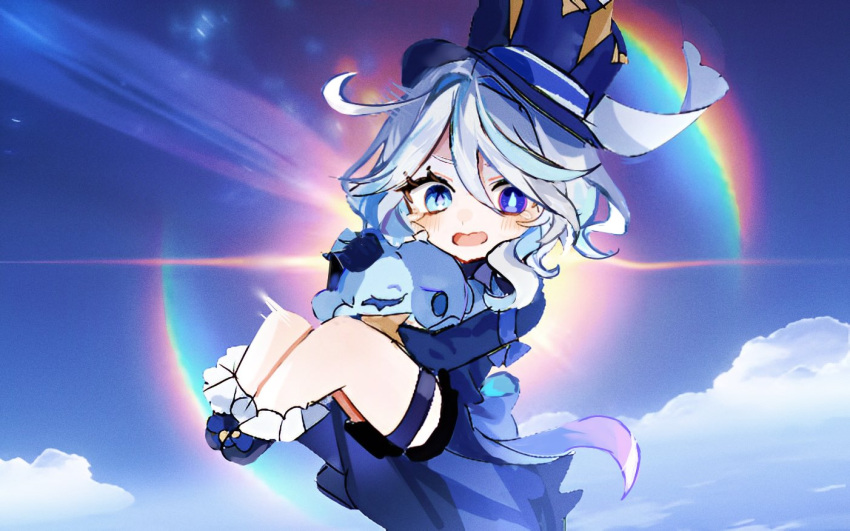 1girl, ahoge, animal, black_shorts, blue_bow, blue_eyes, blue_headwear, blue_jacket, blue_sky, boots, bow, chibi, clouds, commentary_request, day, drop-shaped_pupils, eyelashes, furina_(genshin_impact), genshin_impact, hair_between_eyes, hair_intakes, hat, heterochromia, holding, holding_animal, jacket, long_sleeves, looking_at_viewer, mismatched_pupils, open_mouth, san_(sanmi0613), short_hair, short_shorts, shorts, sidelocks, sky, solo, swept_bangs, symbol-shaped_pupils, tilted_headwear, top_hat, white_hair