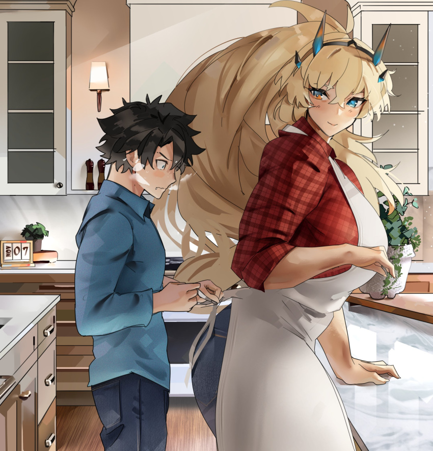 1boy, 1girl, apron, barghest_(fate), black_hair, blonde_hair, blue_eyes, blue_shirt