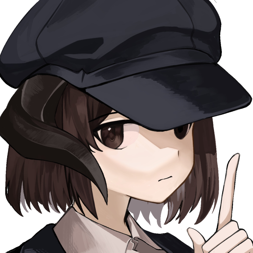 1girl, :|, black_headwear, black_jacket, blazer, brown_eyes, brown_hair, cabbie_hat