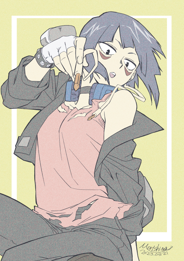 1girl, audio_jack, black_choker, black_eyes, black_hair, black_jacket, black_pants, boku_no_hero_academia