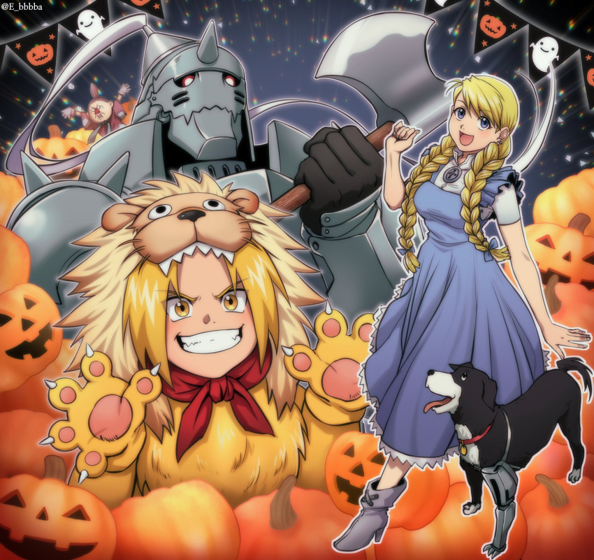 2girls, 3boys, absurdres, alphonse_elric, animal_costume, arm_up, armor, axe