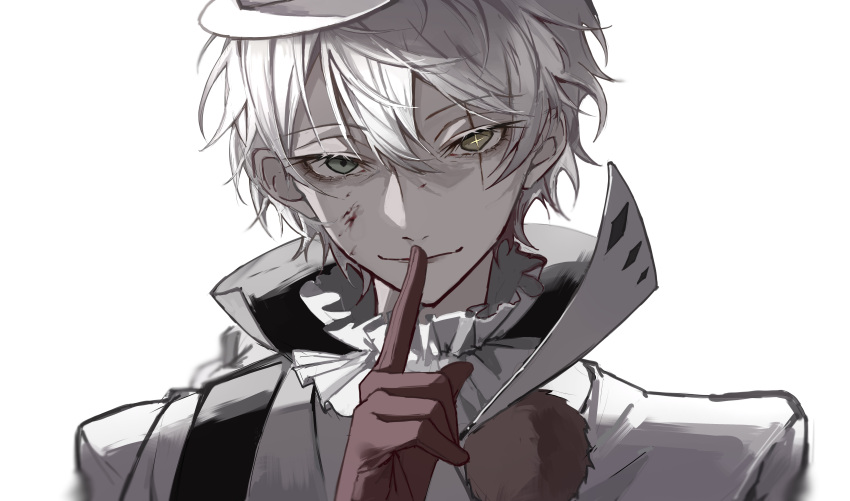 1boy, absurdres, ascot, bungou_stray_dogs, closed_mouth, finger_to_mouth, gloves, green_eyes