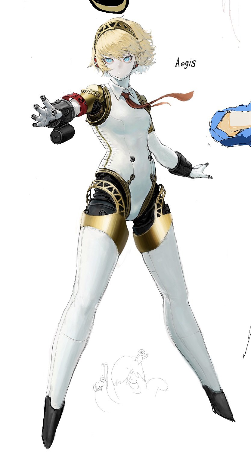 1girl, aegis_(persona), android, armband, blonde_hair, blue_eyes, breasts, character_name