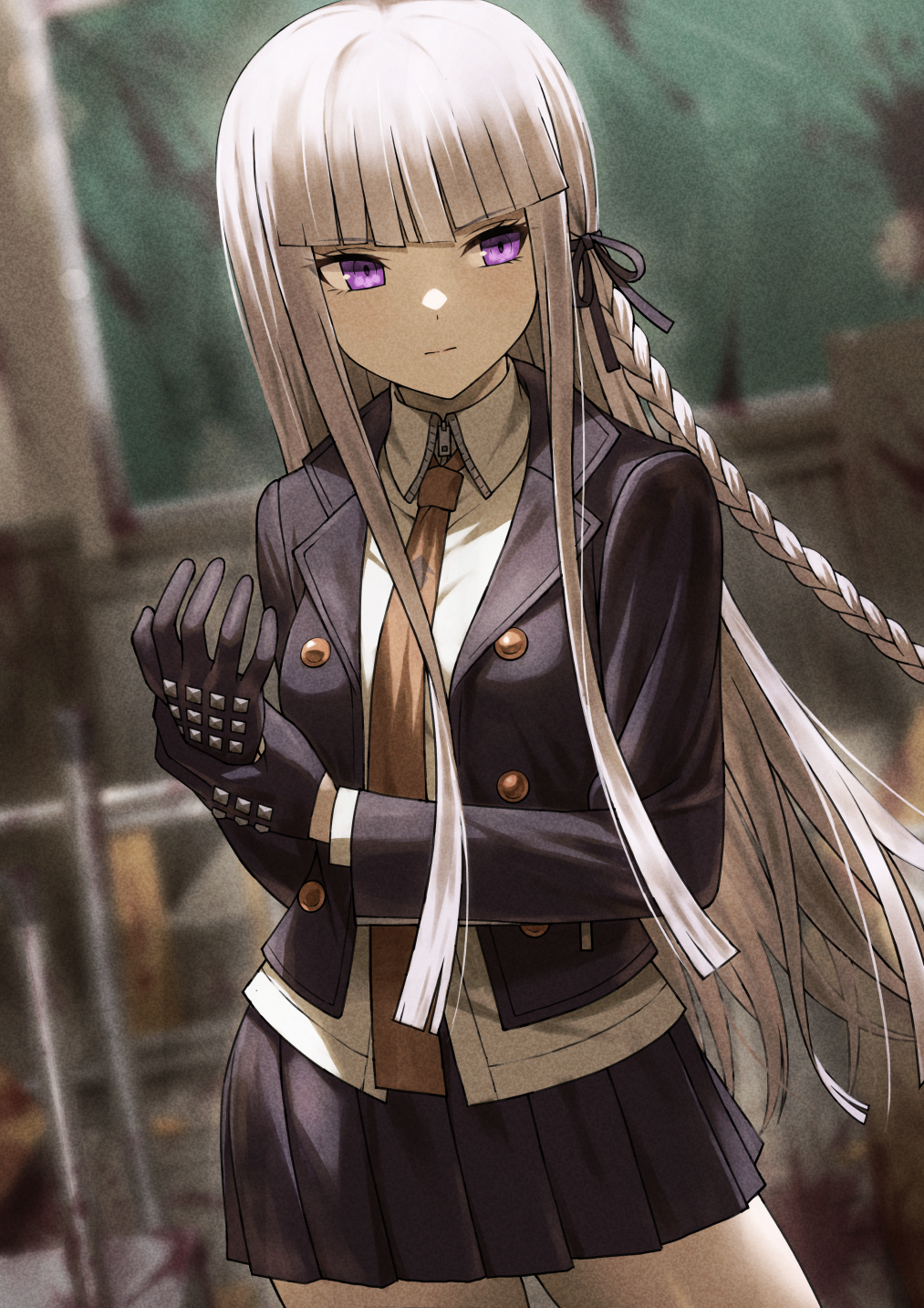 1girl, black_gloves, blunt_bangs, blurry, blurry_background, braid, danganronpa:_trigger_happy_havoc, danganronpa_(series)
