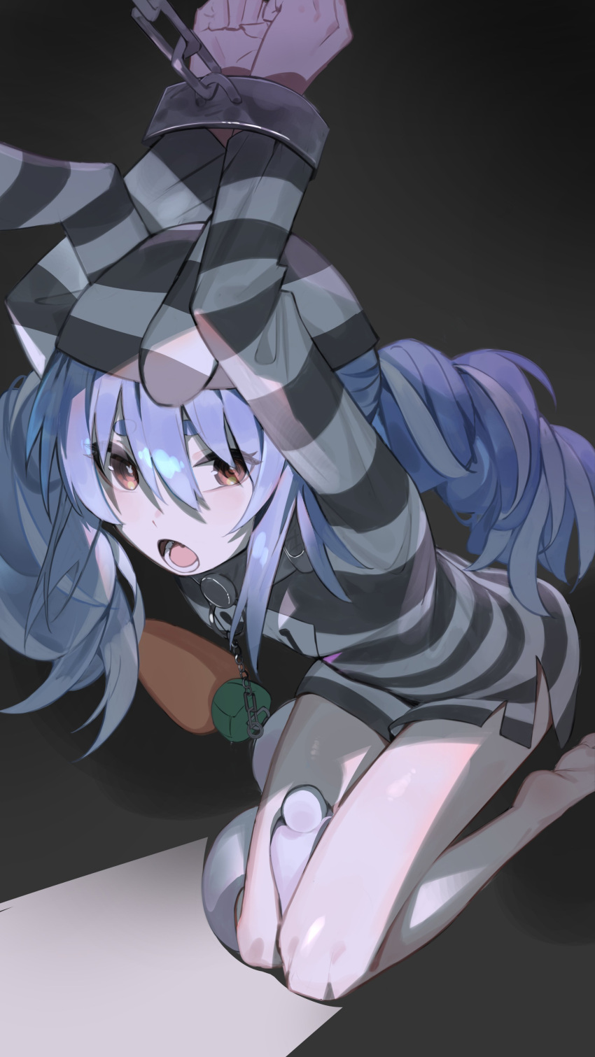 1girl, absurdres, animal_ears, arms_up, barefoot, black_headwear, black_shirt, blue_hair