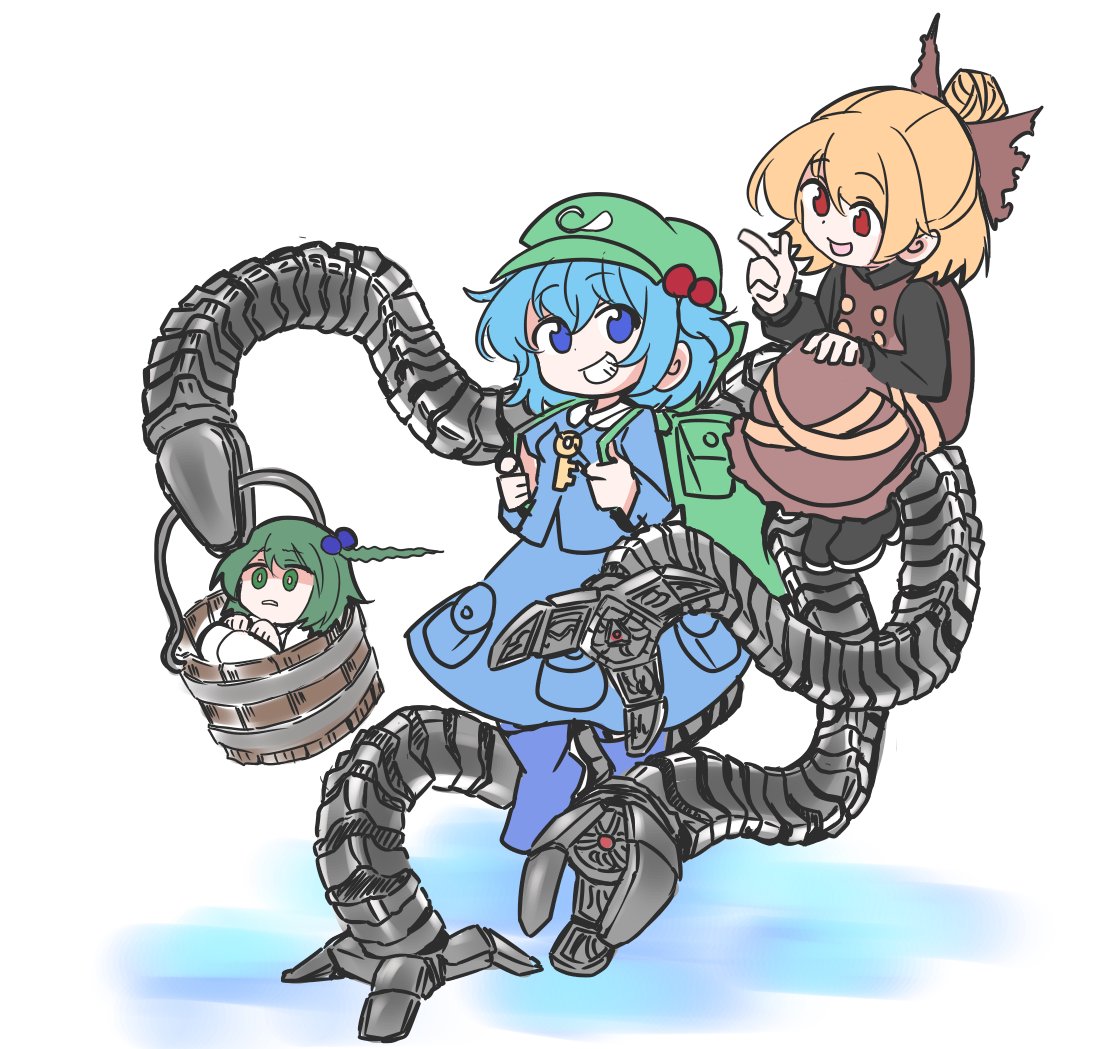3girls, aqua_hair, backpack, bag, black_bow, black_footwear, black_shirt, blonde_hair