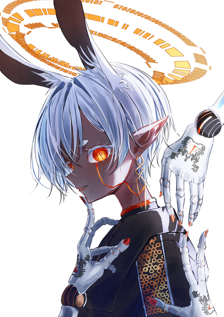 1girl, absurdres, animal_ears, black_dress, closed_mouth, crymachina, dark-skinned_female, dark_skin, double_halo, dress, earrings, extra_arms, extra_ears, facial_tattoo, from_side, grey_hair, halo, highres, jewelry, long_pointy_ears, looking_at_viewer, medium_hair, noah_(crymachina), pointy_ears, rabbit_ears, red_eyes, slit_pupils, taigaai4649, tattoo, white_background