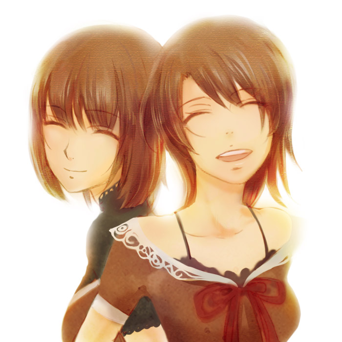 amakura_mayu, amakura_mio, blush, brown_hair, crimson_butterfly, dress, fatal_frame, fatal_frame_ii