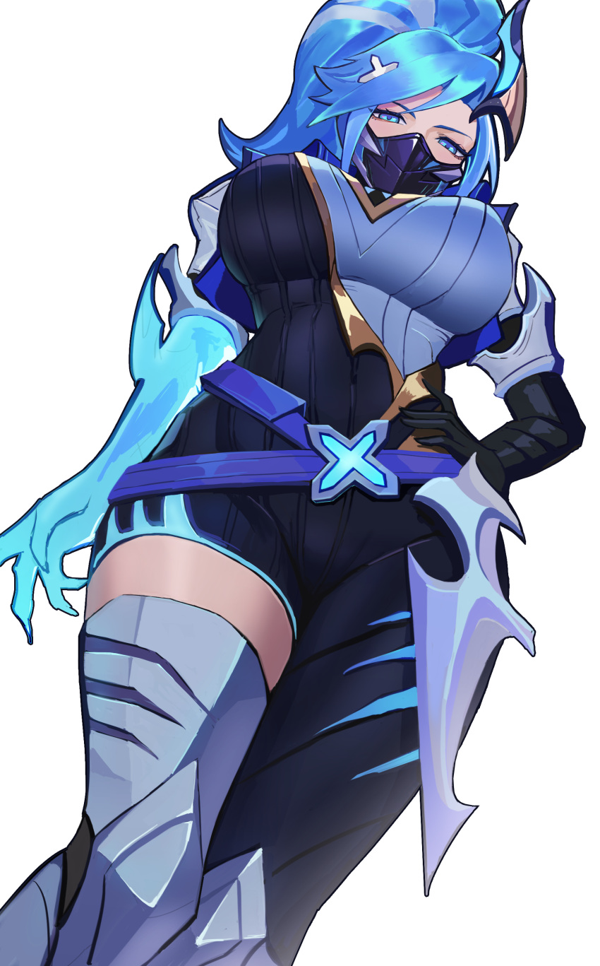 absurdres, akali, belt, blue_eyes, blue_hair, bodysuit, commission, curvy