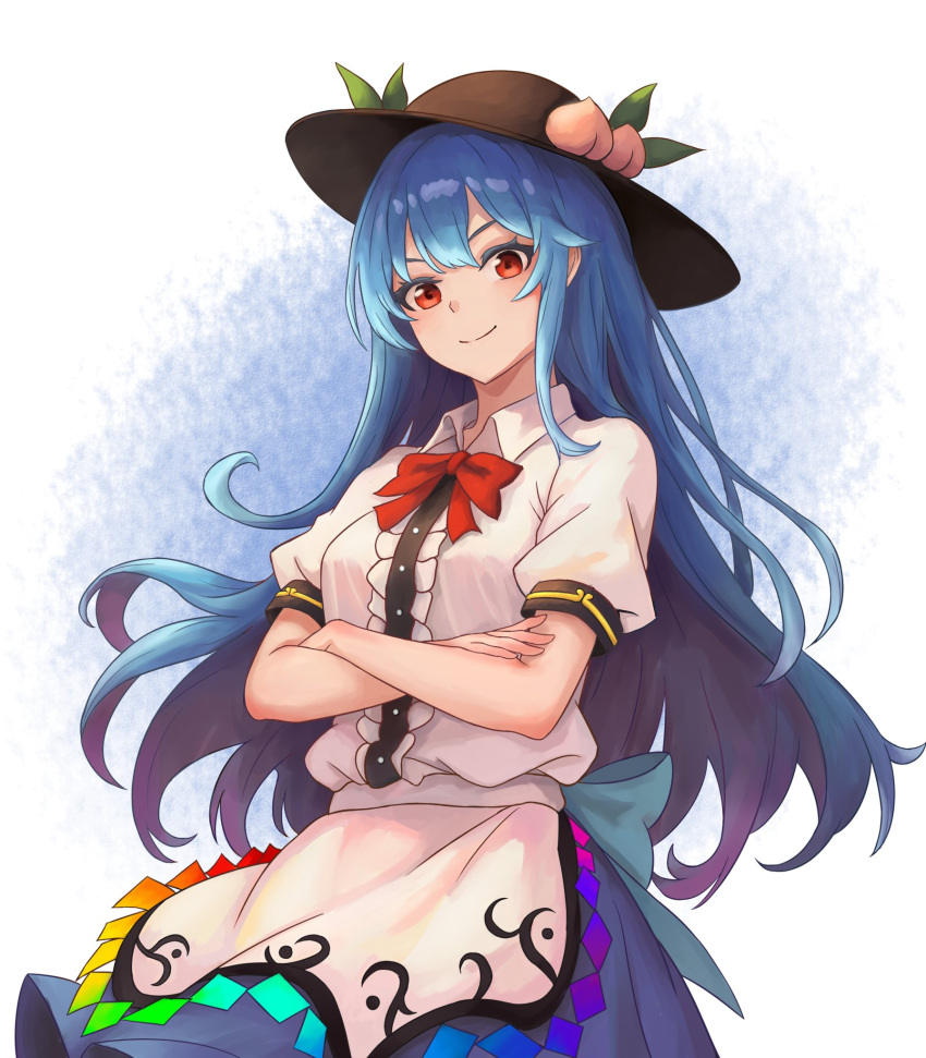 1girl, apron, black_headwear, blue_hair, blue_skirt, bow, breasts, closed_mouth