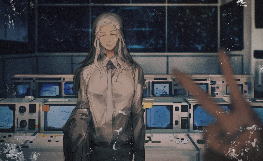 1girl, ^_^, alternate_costume, alternate_universe, blurry, blurry_foreground, chinese_commentary, closed_eyes