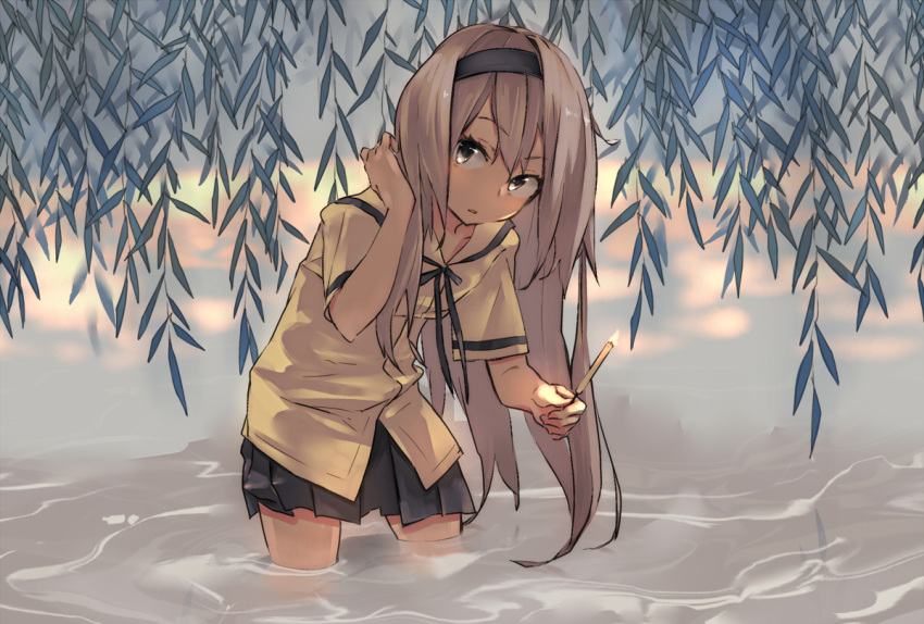 1girl, festival, grey_hair, hair_flip, hairband, long_hair, original, ponkan_eight