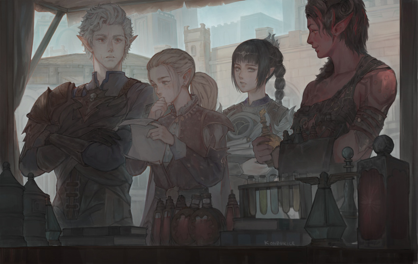 1boy, 3girls, armor, artist_name, astarion_(baldur's_gate), baldur's_gate, baldur's_gate_3, belt