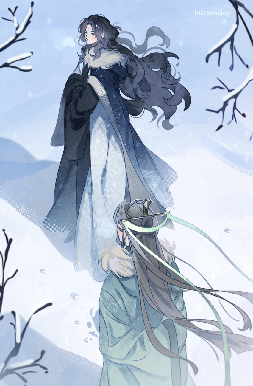 2boys, absurdres, black_eyes, black_hair, black_robe, blue_cape, blurry_edges, branch, cape, chinese_clothes, chinese_hairpin, coat, commentary, day, english_commentary, expressionless, facial_mark, facing_away, facing_to_the_side, footprints, forehead_mark, fur-trimmed_cape, fur_trim, green_ribbon, green_robe, hair_ornament, hair_ribbon, highres, hooded_robe, layered_clothes, long_hair, long_sleeves, looking_back, luo_binghe, male_focus, masyanajoy, multiple_boys, outdoors, renzha_fanpai_zijiu_xitong, ribbon, robe, shen_qingqiu, snow, standing, wavy_hair, wind, winter