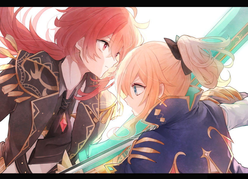 1boy, 1girl, black_coat, black_necktie, black_ribbon, blonde_hair, blue_capelet, blue_eyes