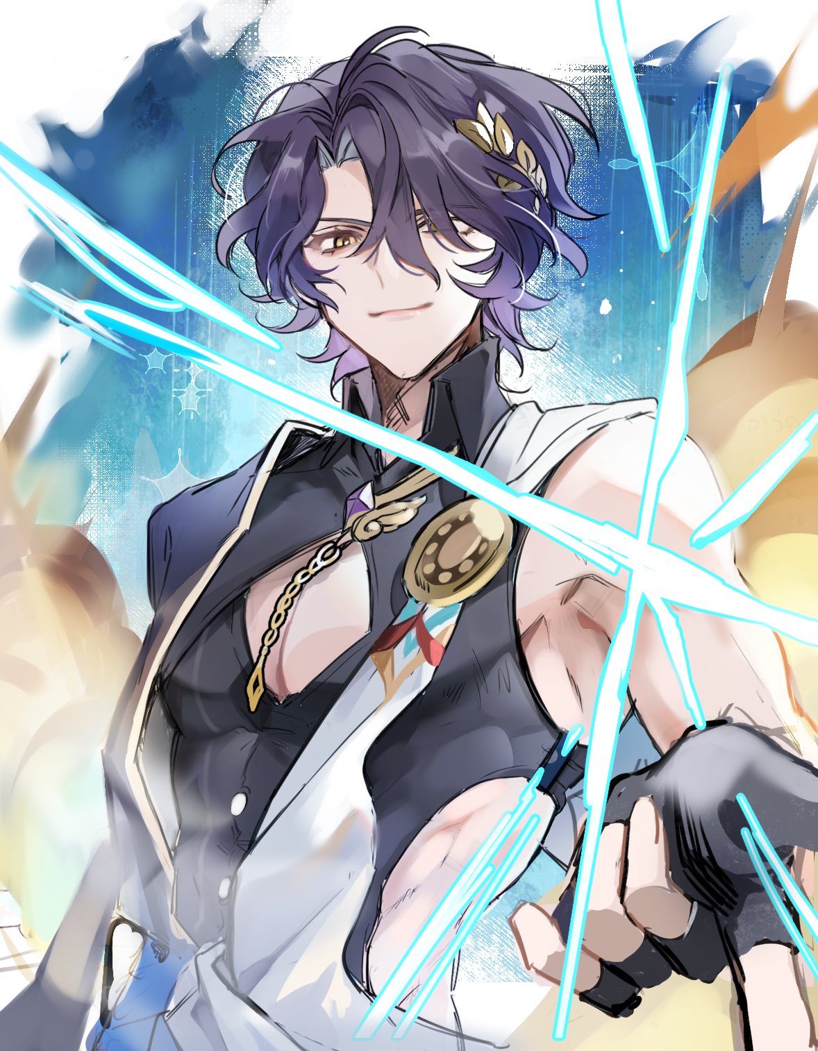 1boy, black_gloves, dr._ratio_(honkai:_star_rail), fingerless_gloves, gloves, hair_between_eyes, hair_over_one_eye, highres