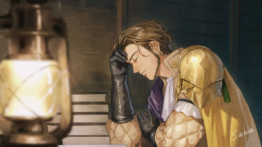 1boy, armor, artist_name, black_gloves, blurry, blurry_foreground, book, book_stack
