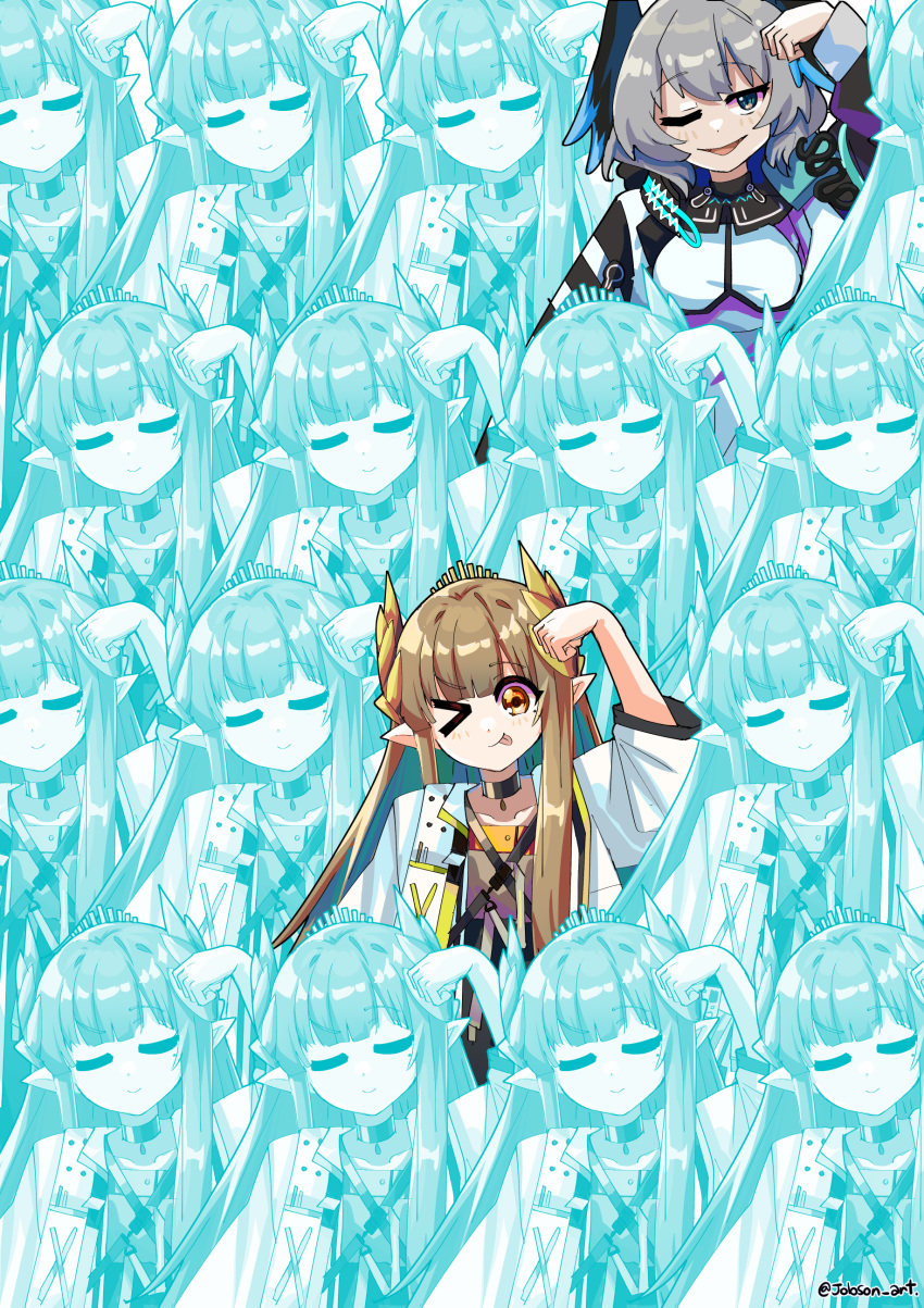 >_o, 6+girls, :q, absurdres, arknights, breasts, brown_shirt, clone