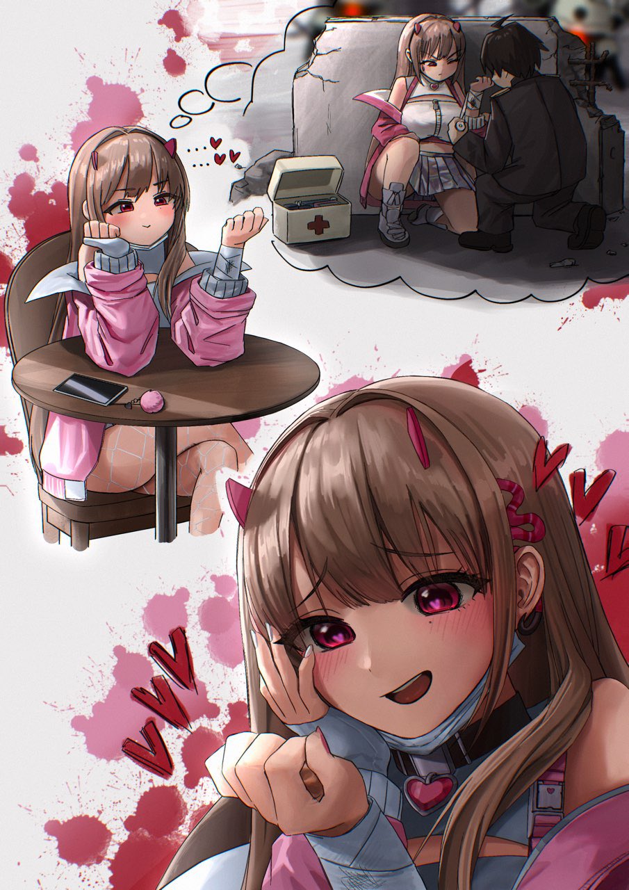 1boy, 1girl, :d, black_collar, blush, collar, commander_(nikke), earrings