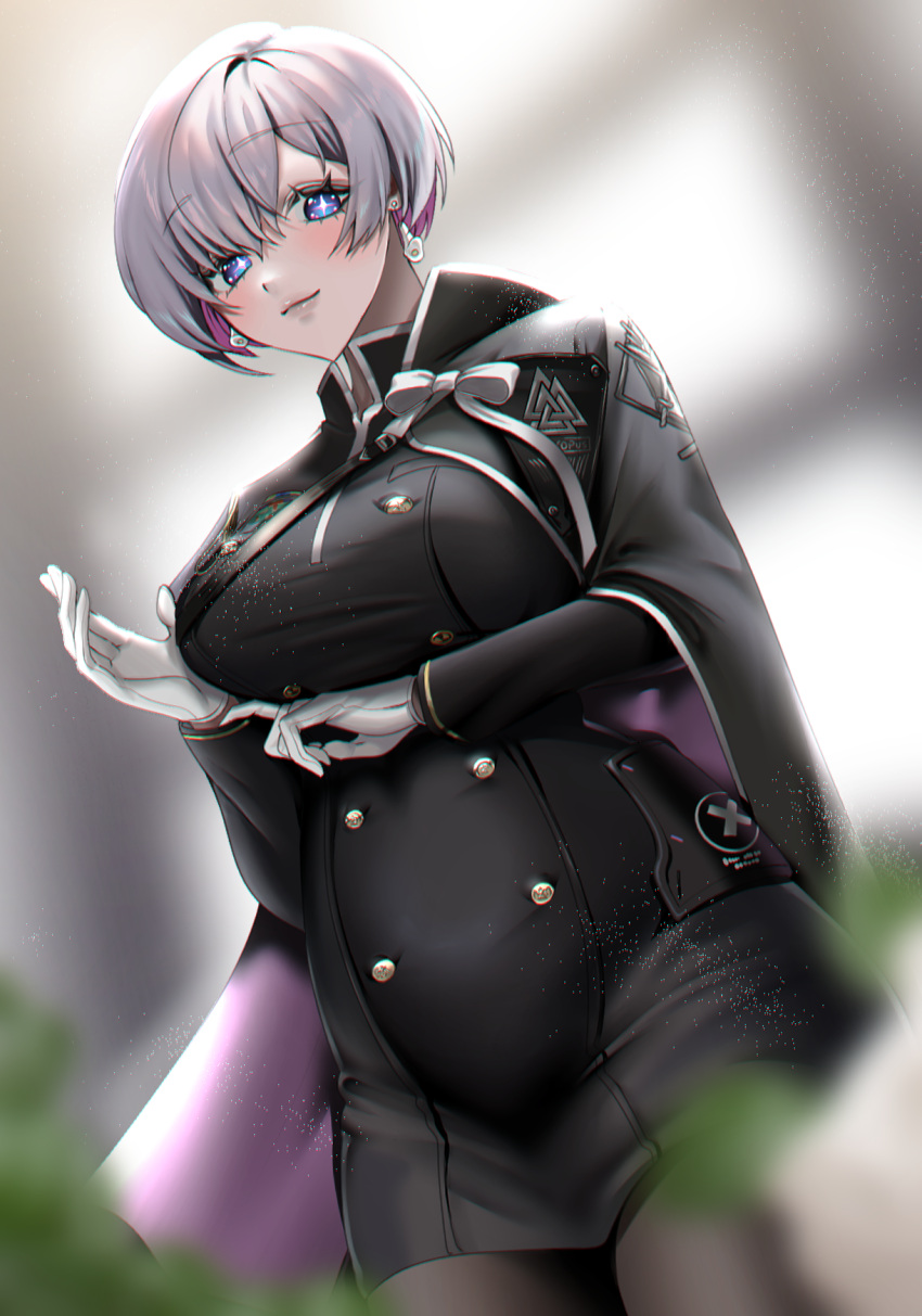 +_+, 1girl, adjusting_clothes, adjusting_gloves, black_cape, black_jacket, black_pantyhose, blue_eyes, blurry, blush, cape, closed_mouth, colored_inner_hair, covered_navel, depth_of_field, dutch_angle, earrings, gloves, goddess_of_victory:_nikke, highres, jacket, jewelry, liliweiss_(nikke), looking_at_viewer, military_uniform, multicolored_hair, pantyhose, purple_cape, purple_hair, short_hair, smile, solo, star-shaped_pupils, star_(symbol), symbol-shaped_pupils, two-tone_cape, uniform, violet_eyes, white_gloves, white_hair, ymr_yamero
