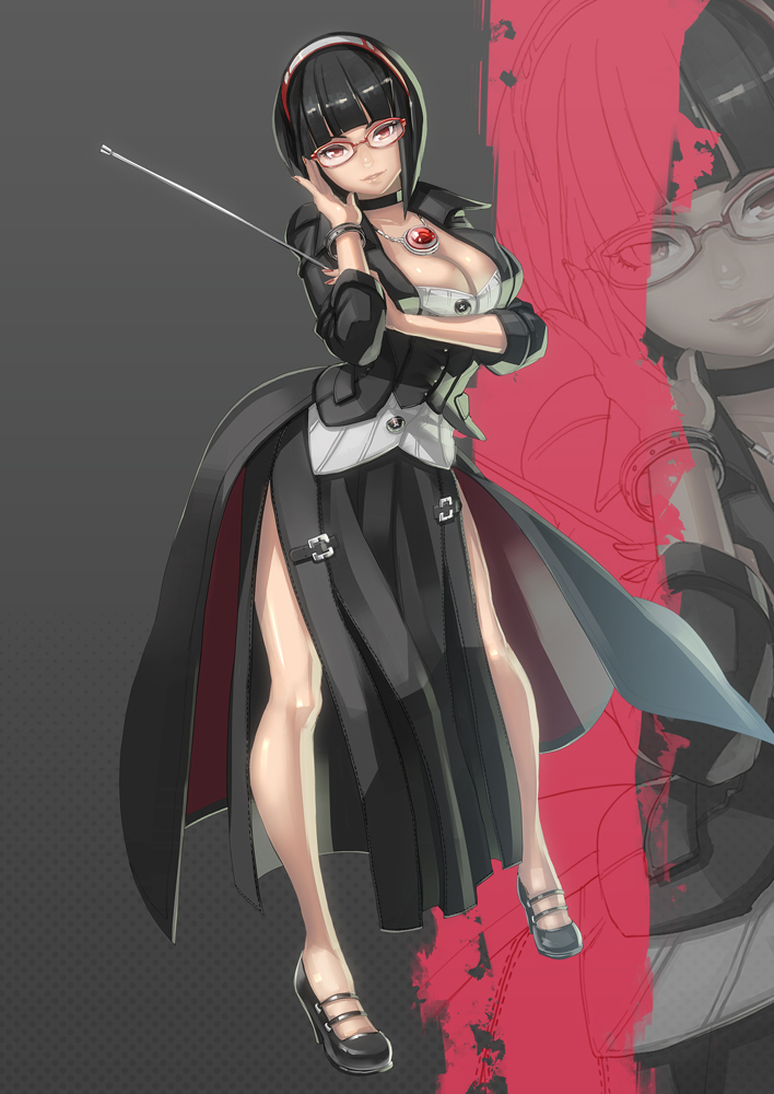 aro_(charged_time_out), bad_id, black_hair, breasts, cleavage, glasses, hairband, high_heels, jewelry, legs, nail_polish, necklace, original, red_eyes, shoes, short_hair, skirt, solo, wand, zoom_layer