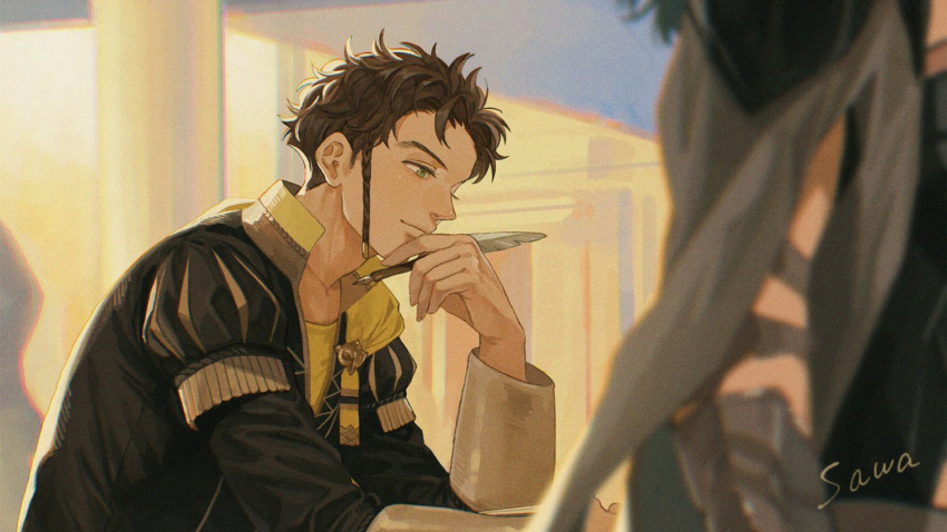 1boy, 1girl, artist_name, blurry, blurry_background, blurry_foreground, braid, brown_hair