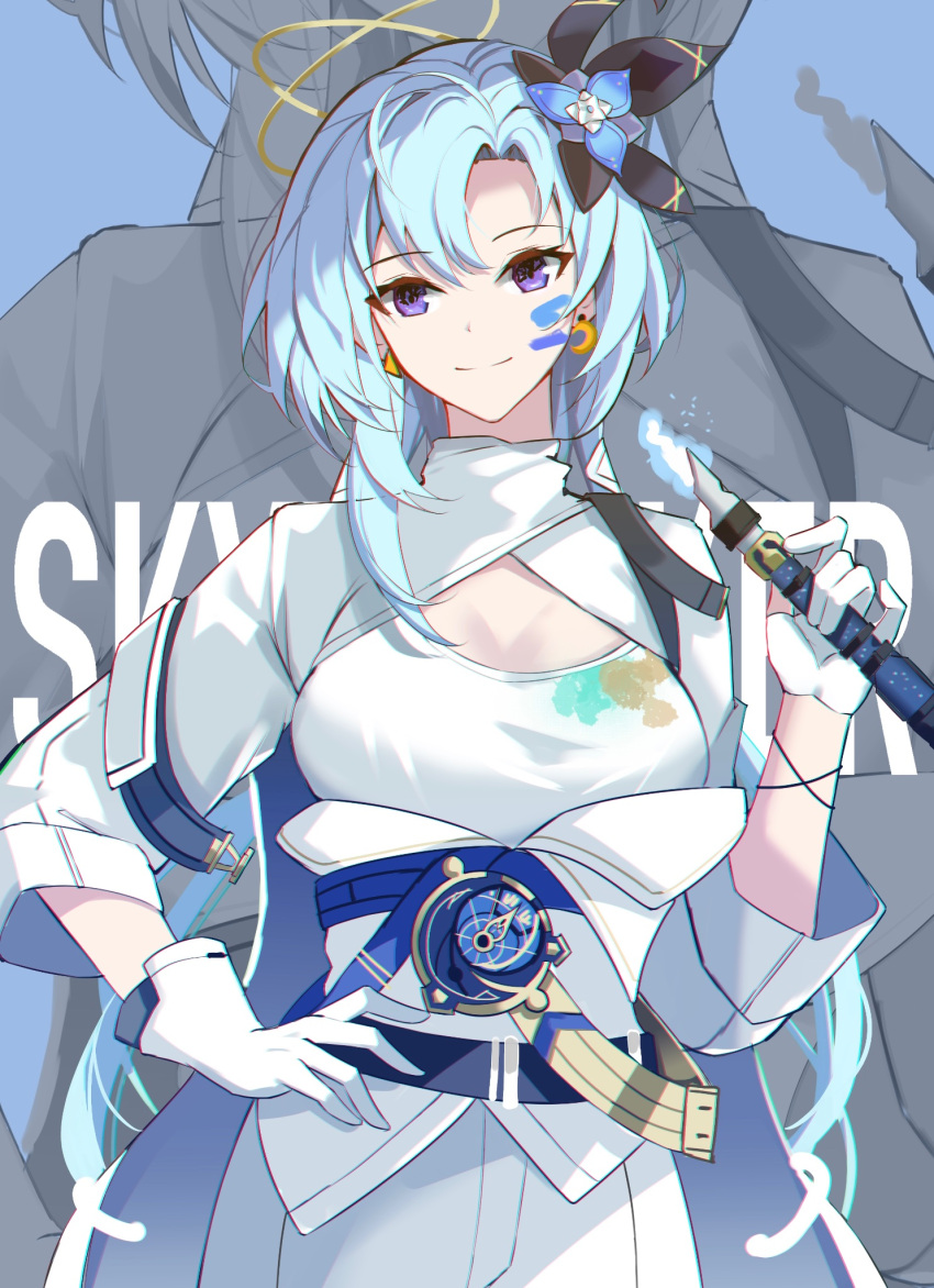 1girl, blue_hair, breasts, earrings, english_text, gloves, griseo, griseo_(cosmic_expression), hand_on_own_hip, highres, honkai_(series), honkai_impact_3rd, jewelry, large_breasts, light_blue_hair, looking_at_viewer, paint, paintbrush, smile, solo, sparks_summer, star_wars, white_gloves, white_sleeves