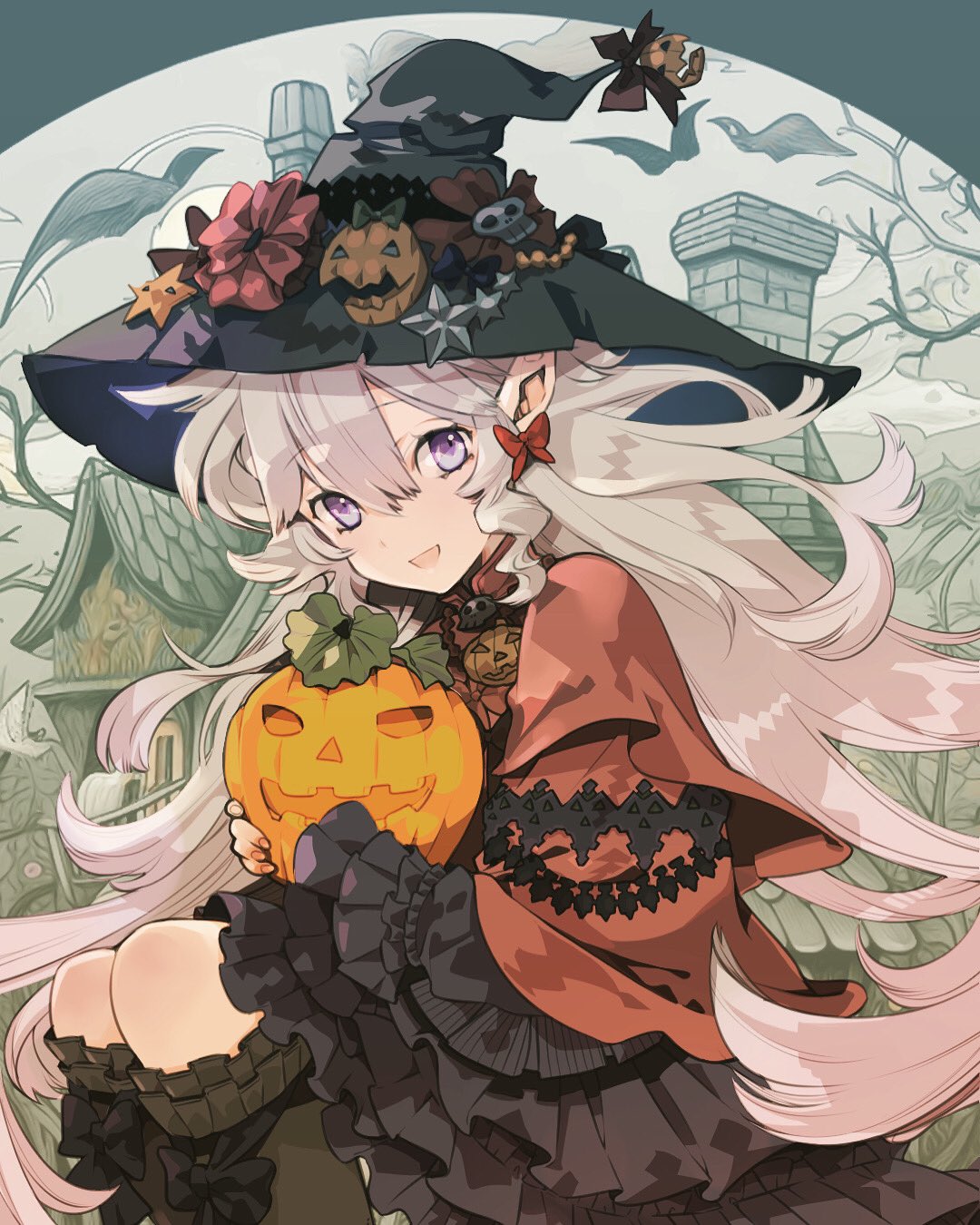 1girl, black_dress, black_headwear, blue_eyes, boots, building, butterfly_earrings, capelet, commentary, dress, earrings, elf, frilled_sleeves, frills, grey_footwear, grey_hair, hat, hat_ornament, highres, holding, jack-o'-lantern, jack-o'-lantern_ornament, jewelry, layered_dress, long_hair, long_sleeves, looking_at_viewer, medium_dress, original, outdoors, pointy_ears, red_capelet, sitting, sleeveless, sleeveless_dress, solo, standing, star_(symbol), star_hat_ornament, thigh_boots, wind, witch, witch_hat, yyuunn