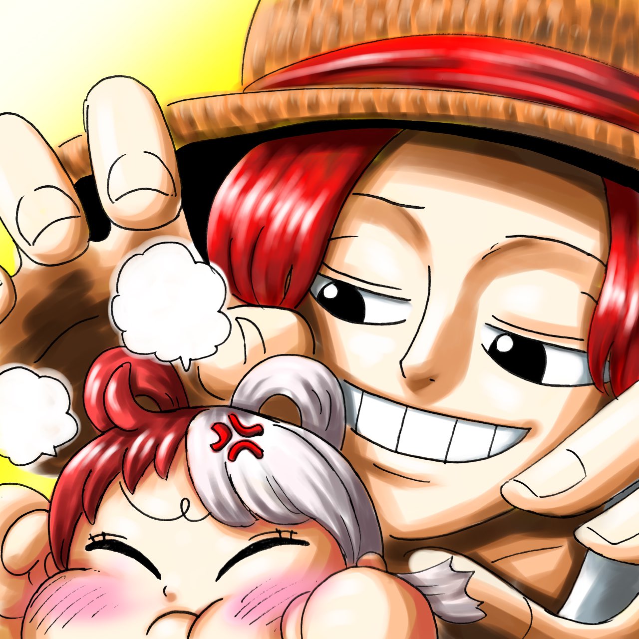 1boy, 1girl, age_difference, aged_down, anger_vein, black_eyes, blush, cheek_bulge, child, closed_eyes, commentary_request, daichan_op, grin, hair_rings, hat, highres, long_hair, multicolored_hair, one_piece, one_piece_film:_red, redhead, shanks_(one_piece), short_hair, simple_background, smile, split-color_hair, straw_hat, teeth, two-tone_hair, uta_(one_piece), white_hair, yellow_background