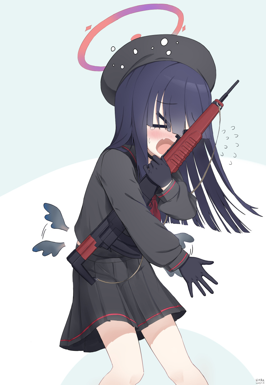 >_<, 1girl, absurdres, assault_rifle, beret, black_choker, black_gloves, black_headwear