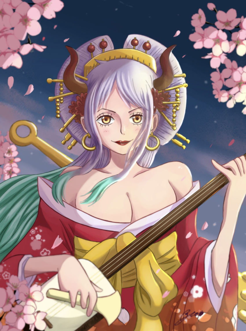 1girl, apple7apo, bare_shoulders, blush, closed_mouth, commentary_request, earrings, falling_petals, flower, green_hair, hair_flower, hair_ornament, hair_stick, highres, holding, holding_instrument, hoop_earrings, horns, instrument, japanese_clothes, jewelry, kimono, lipstick, long_hair, looking_at_viewer, makeup, multicolored_hair, multicolored_horns, music, nihongami, official_alternate_costume, oiran, one_piece, oni, oni_horns, outdoors, petals, playing_instrument, red_lips, rose_petals, shamisen, smile, solo, white_hair, yamato_(one_piece), yellow_eyes
