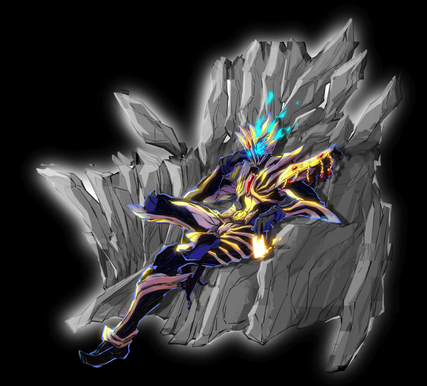 1boy, armor, asymmetrical_armor, black_armor, black_bodysuit, black_footwear, black_gloves, blue_eyes