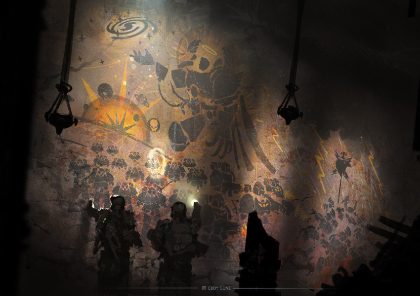 2boys, adeptus_astartes, artist_name, banner, battle_standard, cave, cave_paintings, clawed_gauntlets, eddygonzlezdvila, emperor_of_mankind, expedition_uniform, exploration, explosion, flashlight, flashlight_beam, galaxy, highres, holding, holding_flashlight, instagram_logo, lightning, multiple_boys, rain, skull, star_(symbol), thunder_warriors, wall, war_banner, warhammer_40k