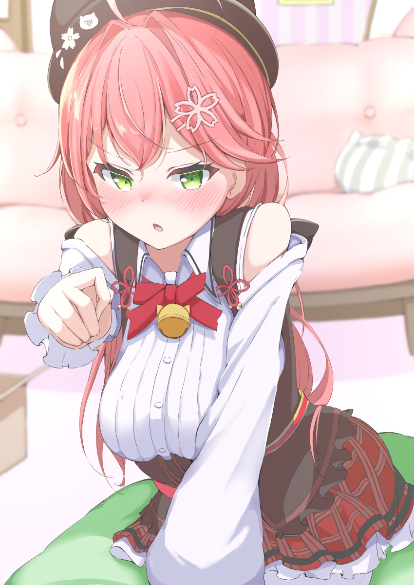 1girl, absurdres, ahoge, beret, black_headwear, blush, collared_shirt, green_eyes