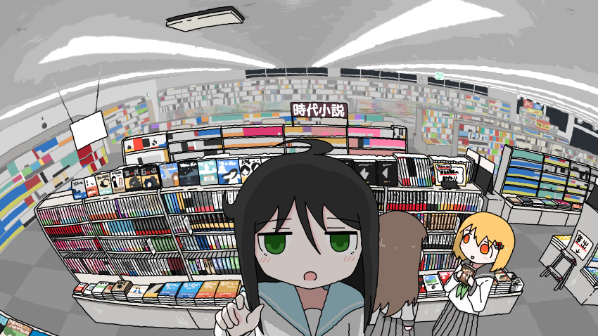 3girls, absurdres, ahoge, black_hair, blue_sailor_collar, book, book_shop, bookshelf, bookstore, brown_hair, ceiling_light, emesan_desu, empty_eyes, fisheye, green_eyes, green_neckerchief, grey_skirt, hair_between_eyes, hair_ornament, highres, holding, indoors, loaded_interior, long_hair, long_sleeves, looking_at_viewer, magazine_(object), multiple_girls, neckerchief, open_mouth, orange_hair, original, pleated_skirt, red_eyes, sailor_collar, sailor_shirt, scenery, school_uniform, serafuku, shelf, shirt, shop, short_hair, skirt, smile, standing, white_serafuku