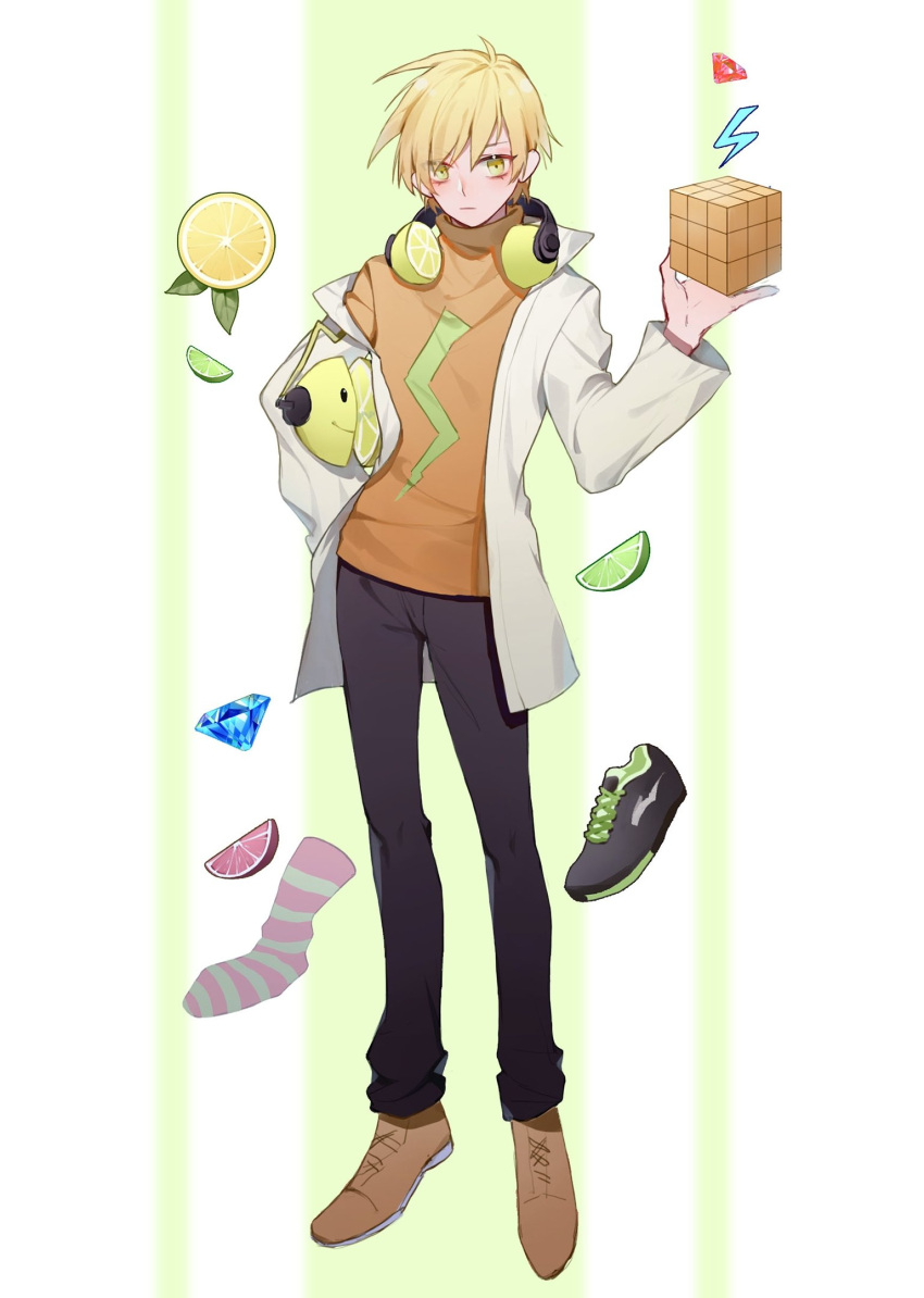 1boy, aqua_socks, black_footwear, black_pants, blonde_hair, blue_gemstone, boots, brown_footwear