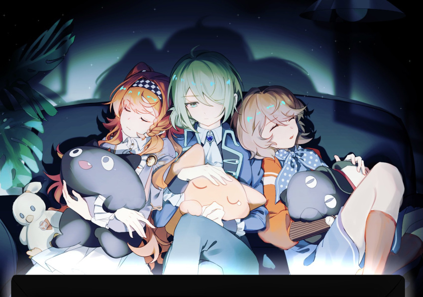 3girls, braid, brown_hair, closed_eyes, couch, crossed_arms, green_eyes, green_hair